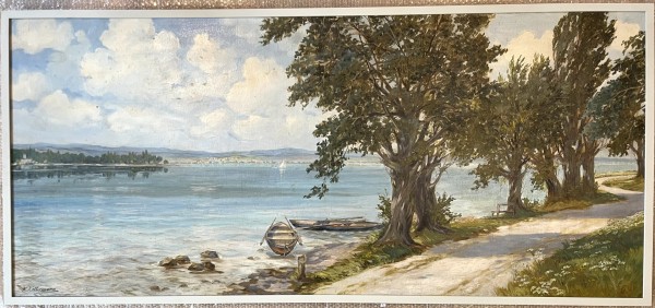 Kellermann, Karl (1881-1968), Blick auf das Konstanzer Hörnle, Öl auf Leinwand. Blick vom Uferweg vor Kreuzlingen auf das Konstanzer Hörnle, im Hintergrund Meersburg. Kellermann hat es meisterlich verstanden die Stimmung am See einzufangen.