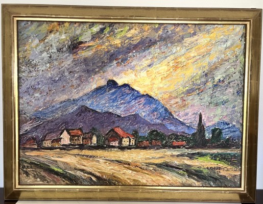 Lenhard-Falkenstein, Alice (1882 - 1976) Berglandschaft bei Freilassing, 1971, Öl auf Platte. Pastoser expressionistischer Farbauftrag, Spachteltechnik. Durch den dargestellten Sonnenuntergang sieht der Berg aus, als würde er brennen. Sehr beeindruckendes Werk mit viel Emotion.