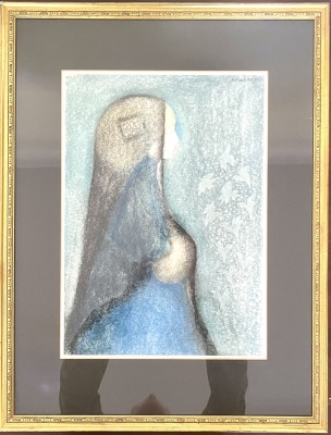 Rückert, Erich Andreas (1920-2016), Träumende, 1981, Mischtechnik. Eine Frau mit abwesendem Blick und entblößter Brust.