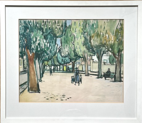Sauerbruch, Hans, (1910-1996), Kastanienallee auf der Oberen Laube, Mischtechnik. Meisterliche Darstellung der blühenden Kastanien sowie von Passanten. Einmaliges Zeit Zeugnis. Ein herausragendes Gemälde des Künstlers.