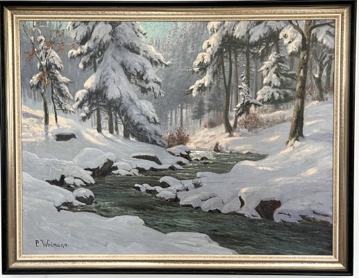 Weimann, Paul (1867-1945) Winterlandschaft, Öl auf Leinwand. Winterliche Landschaft bei der, trotz Schnee, der Fluss noch fließt.