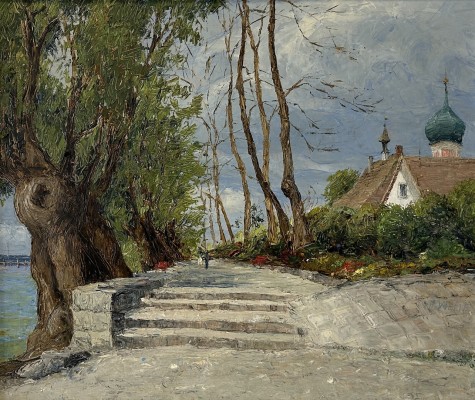 Welte, H. (20. Jahrhundert) Uferpromenade in Allensbach, Öl auf Viktoria-Maltuch.