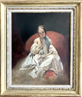 Winterhalter, Franz Xaver (1805-1873) zugeschrieben, Junge Frau, Öl auf Leinwand. Das Gemälde entspricht der Maltechnik des Künstlers und auch die Darstellung der hochgesteckten Haare der jungen Frau entsprechen anderen Werken des Künstlers. Eine Brust der jungen Frau ist entblößt.