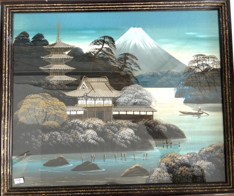 Anonym (20. Jahrhundert) Blick auf den Vulkan Fuji, Asiatische Seidenmalerei.