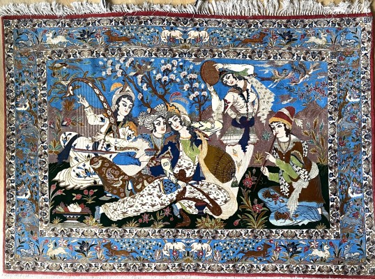 Isfahan, Persien, auf Seide. Flur feine Wolle mit Seide. Fünf Frauen sitzen zusammen und machen Musik. Eine schöne orientalische Szene. Zertifikat liegt bei.