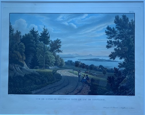 Bleuler Schule, J. Meyer/L. Weber (19. Jahrhundert), Blick auf die Insel Reichenau, um 1820, Aquatinta/Gouache.