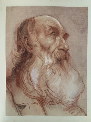 Anker, Albert Samuel (1831-1910) Herrenporträt, Rötel-Zeichnung. Das Bild ist eine Studie eines alten Mannes mit Bart, der für seine realistischen Darstellungen des Volkslebens bekannt ist. Anker war ein prominenter Vertreter der realistischen Genremalerei in der Schweiz. Zeichnung ist unter Passepartout befestigt.