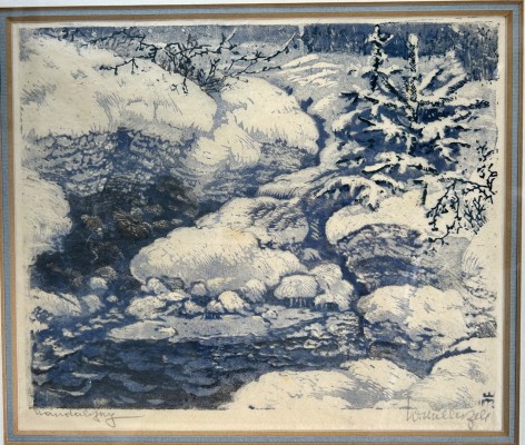 Müllerzell, Wilhelm (1894-) Blaue Winterlandschaft, Farblithographie, Handabzug.