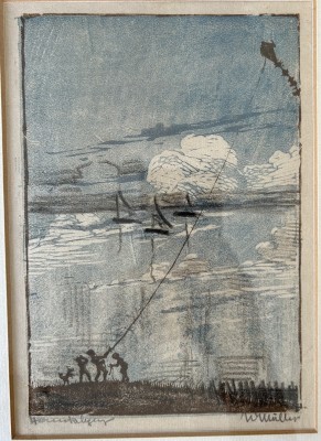 Müllerzell, Wilhelm (1894-) Drachensteigen am See, Farblithographie.