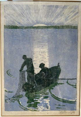 Müllerzell, Wilhelm (1894-) Fischer im Morgengrauen, Farblithographie.