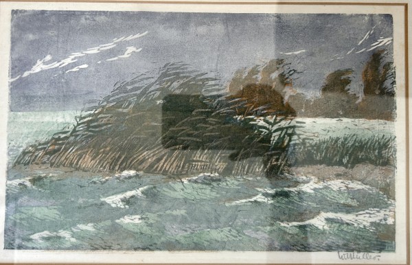 Müllerzell, Wilhelm (1894-) Schilf im Sturm, Farblithographie.