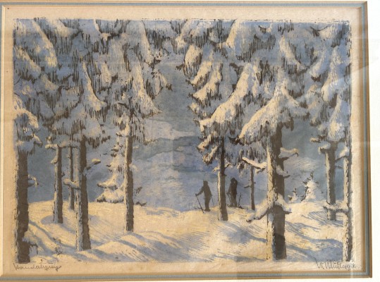 Müllerzell, Wilhelm (1894-) Wanderung durch den Schnee, Farblithographie.