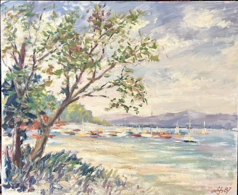 Steinhauser, Erwin (1939-2023) Großes Bojen Feld mit Booten, 1987, Öl auf Platte.