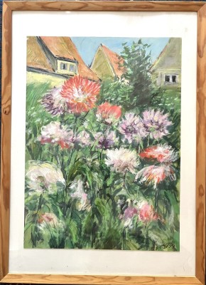 Steinhauser, Erwin (1939-2023) Dahliengarten, 1994, Öl auf Mahlkarton.