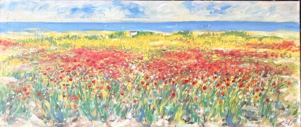 Steinhauser, Erwin (1939-2023) Blumenwiese vor Küstenlandschaft, Öl auf Leinwand.
