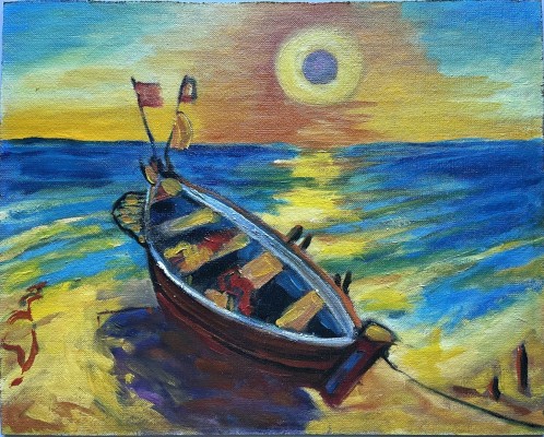 Steinhauser, Erwin (1939-2023) Fischerboot an der Küste bei Sonnenaufgang, Öl auf Platte.