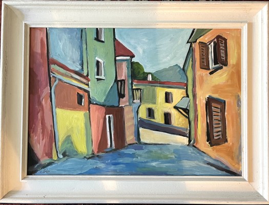 Steinhauser, Erwin (1939-2023) Häuserzeile eines italienischen Bergdorfs, Öl auf Malkarton.