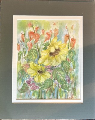 Steinhauser, Erwin (1939-2023) Sonnenblumen in einem Garten, 1996, Mischtechnik auf Platte.
