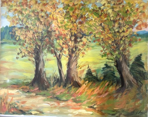 Steinhauser, Erwin (1939-2023) Alte Weiden entlang einem Feldweg, Öl auf Malpapier.