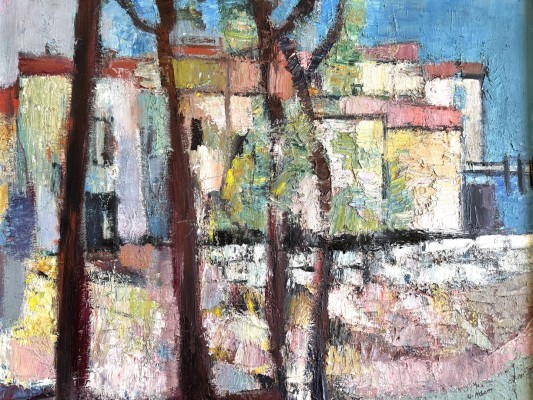 Adam, Otto (1901-1973) Häusergruppe am Wasser, Öl auf Leinwand.