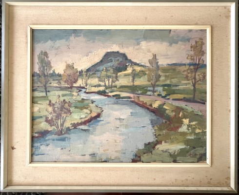 Auer, Rudolf (1903-1991) Blick auf den Hohentwiel, Öl auf Platte. Der Blick führt über die Aach auf den Hohentwiel.