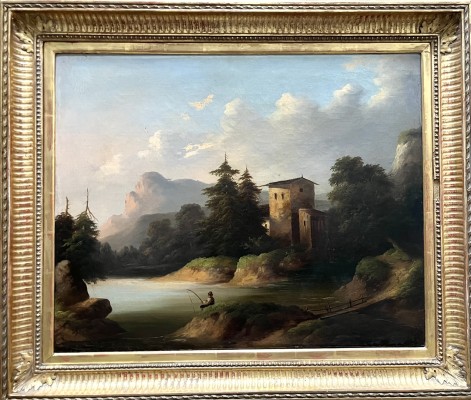 Barbarini (19. Jahrhundert), zugeschrieben, Angler an einem Bergsee, Öl auf Leinwand.