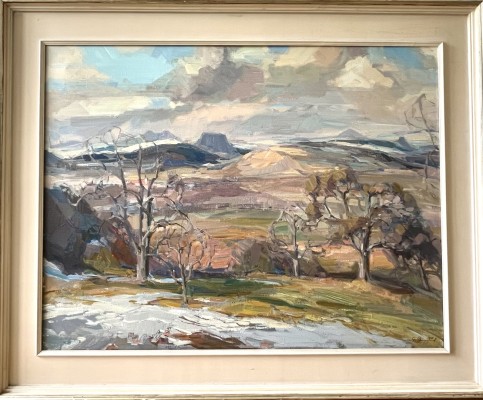 Dummel, Fritz (1922-2006) Blick in den Hegau von einer Anhöhe auf der Höri, 1989, Öl auf Leinwand.