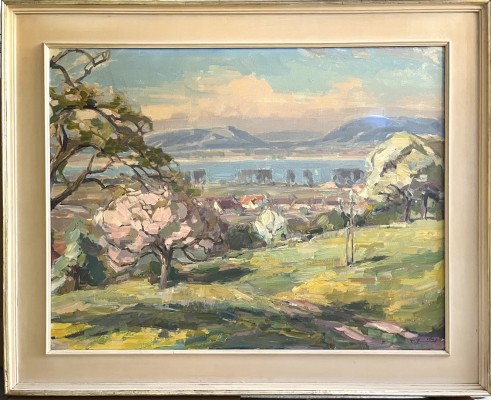 Dummel, Fritz (1922-2006) Blick von einer Anhöhe bei Iznang auf der Höri, 1988, Öl auf Leinwand. Blick Richtung Radolfzell/Mettnau, weiter hinten rechts Güttingen/Bodanrück und links Stahringen/Kirche und oben links Homburg.
