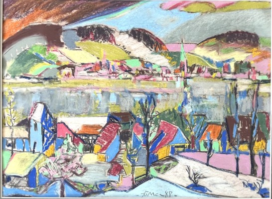 Faller, Rüdiger (1942-2022) Ansicht von Hemmenhofen über den See nach Steckborn, 1988, Pastell auf Malkarton.