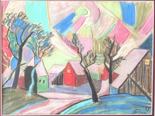 Faller, Rüdiger (1942-2022) Häuser in Hemmenhofen, 1988, Pastell auf Malkarton.