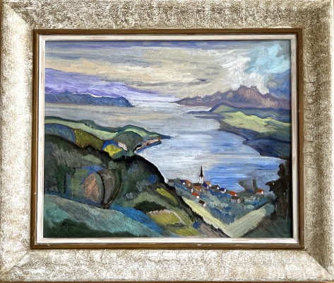 Faller, Rüdiger (1942-2022) Blick vom Haldenhof auf Sipplingen und den Überlinger See, Öl auf Leinwand.