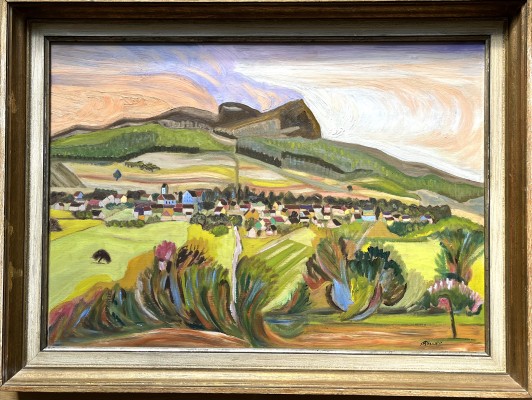 Faller, Rüdiger (1942-2022) Blick auf Hegaudorf, Öl auf Platte.
