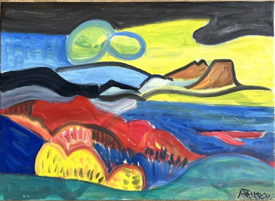 Faller, Rüdiger (1942-2022) Hegaulandschaft in kräftigen Farben, Öl auf synthetischer Leinwand.