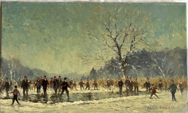 Follak, Alexander (1915-2006) Eistockschießen auf dem Deininger Weiher, Öl auf Leinwand.