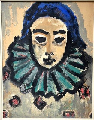 Honold, Konrad (1918-2007) Clown, Öl auf Platte. Darstellung einer Person mit blauer Kopfbedeckung und für Clowns typische Halskrause..