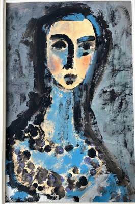 Honold, Konrad (1918-2007) Frau in Blau, Öl auf Platte. Eine abstrakte Darstellung einer Frau. Honold arbeitet hier mit Schwarz und Blautönen um dem Gemälde Tiefe zu verleihen.