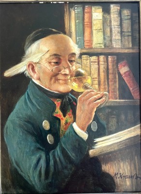 Krauss, Max (20.Jahrhundert) Genießer in der Bibliothek, Öl auf Platte.