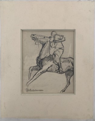 Liebermann, Max (1847-1935) Reiter, Zeichnung. Die Zeichnung ist eine Kohlestudie eines Reiters auf einem sich aufbäumenden Pferd. Die Szene stellt eine Momentaufnahme dynamischer Bewegung dar. Liebermann fertigte viele Skizzen und Studien an, bevor er Gemälde ausführte. Besonders bekannt sind solche Darstellungen von Reitern, Sportlern und Arbeitern in Bewegung. Liebermann war auch stark vom französischen Impressionismus beeinflusst, bewahrte aber in vielen seiner Skizzen den akad