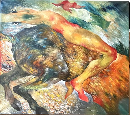 Mondazzi, Marcello (1954 geboren) Fegefeuer, 1981, Öl auf Leinwand. Dynamische Darstellung einer Frau auf einem Tier reitend. Die Hufen und der Schwanz des Tieres, in Verbindung mit der Farbgestaltung hat etwas teuflisches.