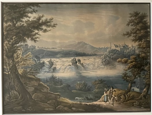 Neithardt, Johann Matthias (1816-1886) Rheinfall, Bleuler Schule, gouachierte Umrissradierung, um 1830.