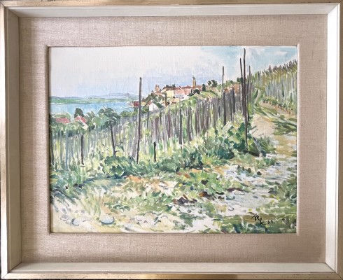 Rex, Hartlib (1936-2009) Blick auf die Rebberge vor Meersburg und die Stadt, 1959, Öl auf Leinwand.