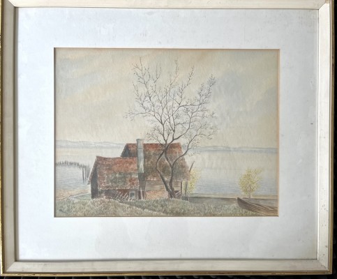 Richter, M. (20. Jahrhundert) Seelandschaft mit Ruderboot und kleinem Haus, Aquarell. Idyllisches Gemälde mit Haus und kahlem Baum.