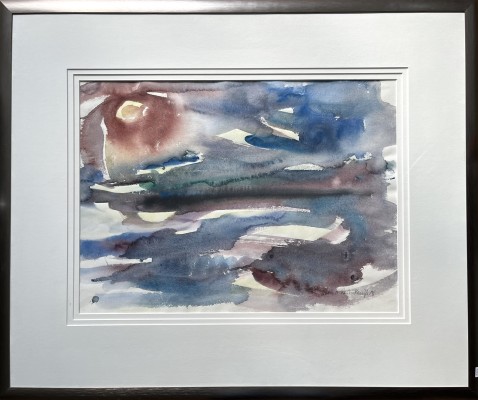 Rost-Haufe, Helga (1936-2025) See-Allegorien, 1988, Aquarell auf Papier. Abstrakte Darstellung des Bodensees, oben links die Sonne zu erkennen.
