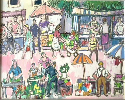 Sauerbruch, Hans (1910-1996) Wochenmarkt in Konstanz, Tempera auf Platte.