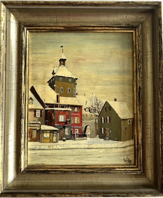 Schürrmann, W. (20. Jahrhundert) Das Schnetztor im Winter, 1971, Öl auf Platte.