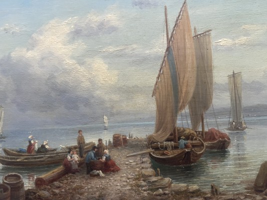 Thurau, Friedrich (1812-1888) Hafenanleger mit Lastenseglern und Fischerbooten, Öl auf Platte.