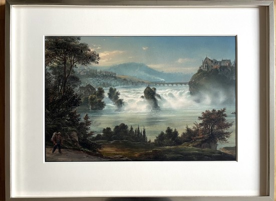 Usteri, Albert (1830-1914) Rheinfall, Bleuler Schule, gouachierte Umrissradierung, um 1850.