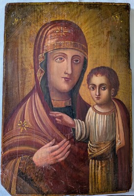 Gottesmutter mit Christuskind, 18./19. Jahrhundert, griechische Ikone. Diese Ikone zeigt ein klassisches Motiv der orthodoxen Ikonographie: Die Gottesmutter mit dem Christuskind. Dieses Motiv gehört zur Typusgruppe der 