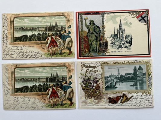 112 Postkarten Konstanz, Sammelschwerpunkt 'Postkarten mit Prägung - touristische Sehenswürdigkeiten', Jahrhundertwende. Herausragendes Zeitdokument.Auch sehr hoher Dekorationswert in einem Restaurant oder einer hippen Bar.