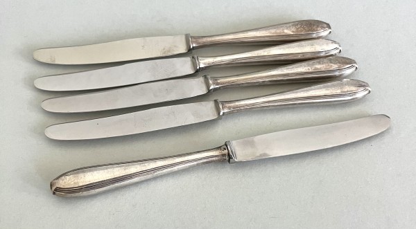 Obstmesser, Eichenlaub Solingen, fünf Stück. Rostfrei, Griffe versilbert.